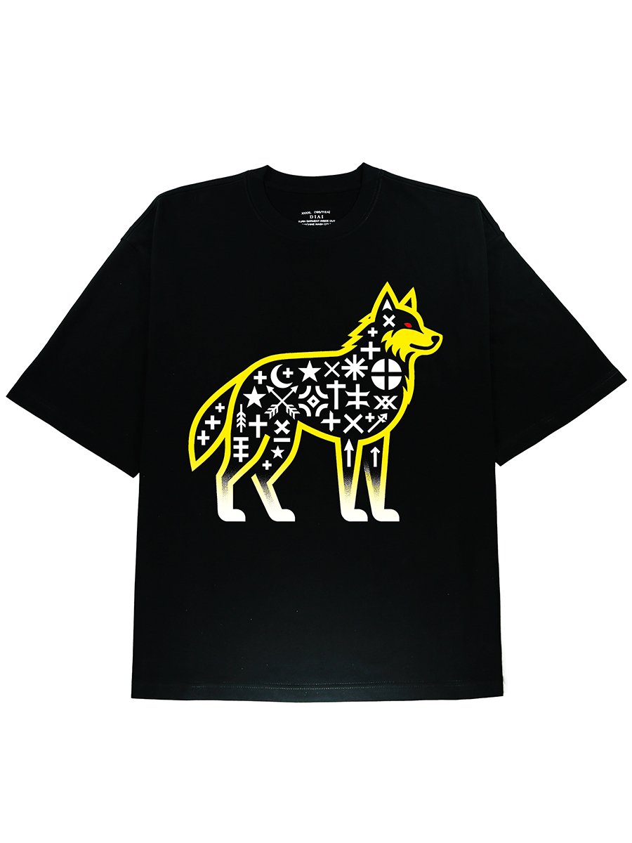 Arctic Elegance Black T-Shirt: Unique Yellow Wolf Design for Wildlife Lovers - DIAI