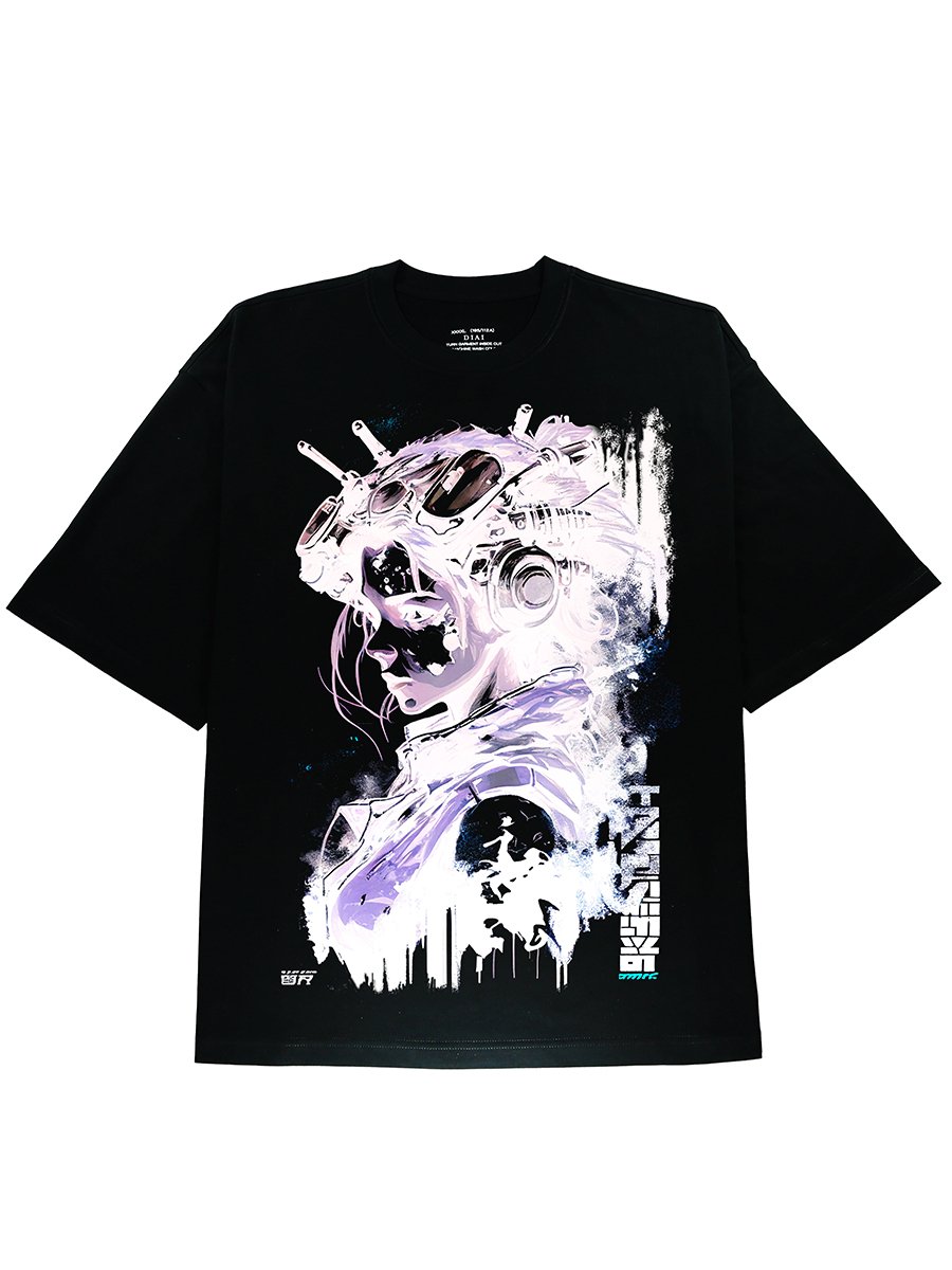 Black Cotton Graphic Tee shirt for Cyberpunk Enthusiasts - DIAI