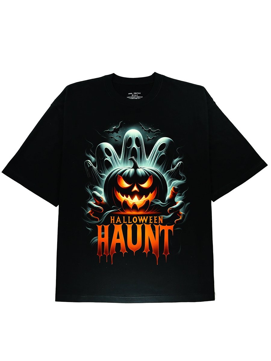 Black Off Shoulder Tee with Halloween Pumpkim Horror Graphic Print - DIAI