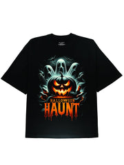 Black Off Shoulder Tee with Halloween Pumpkim Horror Graphic Print - DIAI