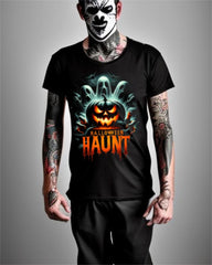 Black Off Shoulder Tee with Halloween Pumpkim Horror Graphic Print - DIAI