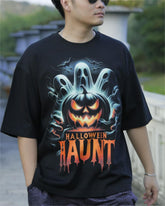 Black Off Shoulder Tee with Halloween Pumpkim Horror Graphic Print - DIAI