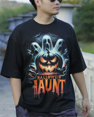 Black Off Shoulder Tee with Halloween Pumpkim Horror Graphic Print - DIAI