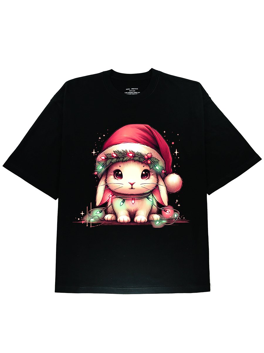 Cute Christmas Rabbit Tee- A Perfect Way to Celebrate Your Christmas! Hand-Drawn Graphic Tee on Soft Black Cotton Material - DIAI