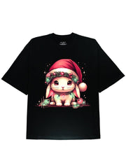 Cute Christmas Rabbit Tee- A Perfect Way to Celebrate Your Christmas! Hand-Drawn Graphic Tee on Soft Black Cotton Material - DIAI