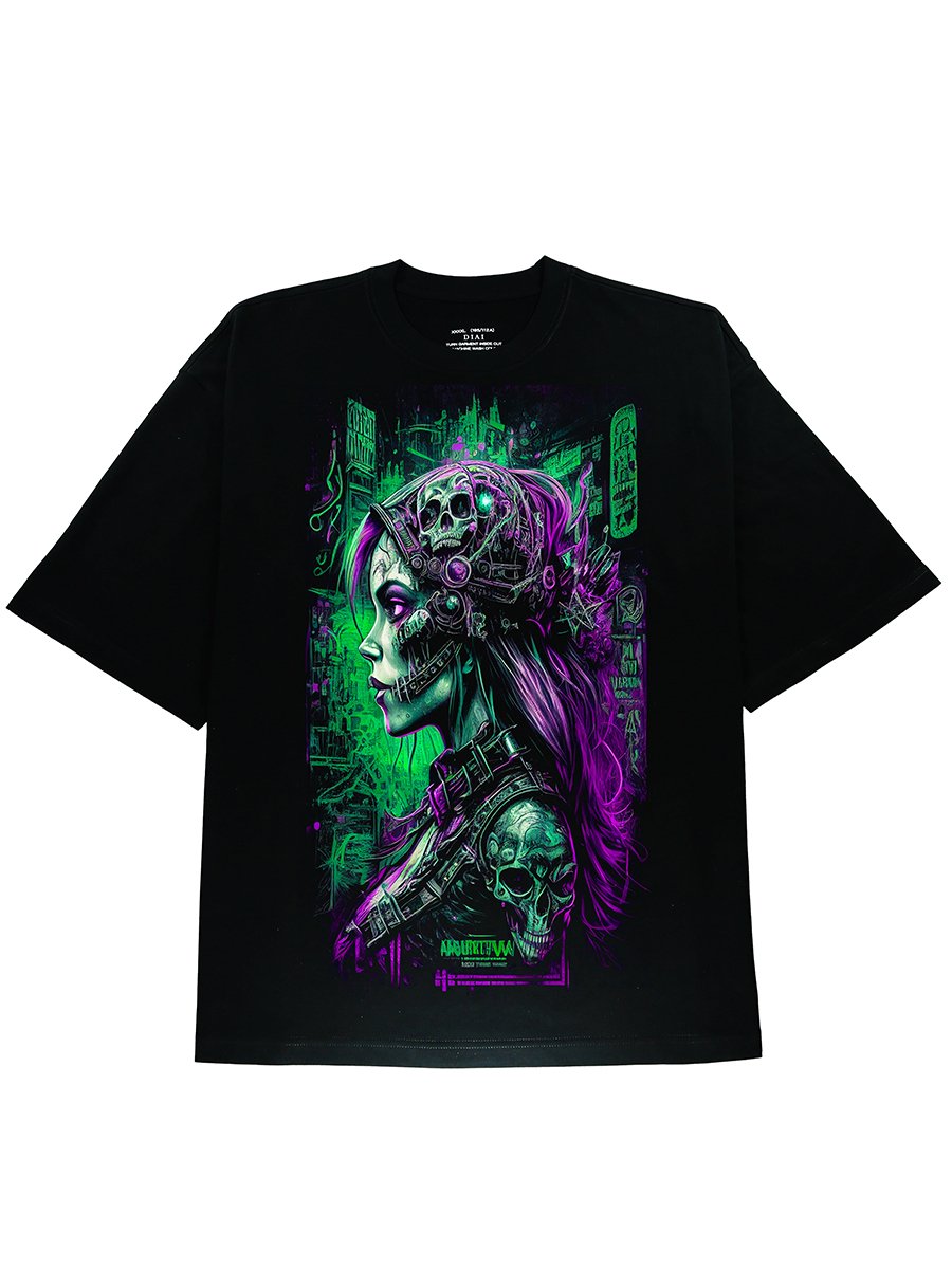 Cyberpunk Girl Graphic Black Tee with Soft Cotton - DIAI