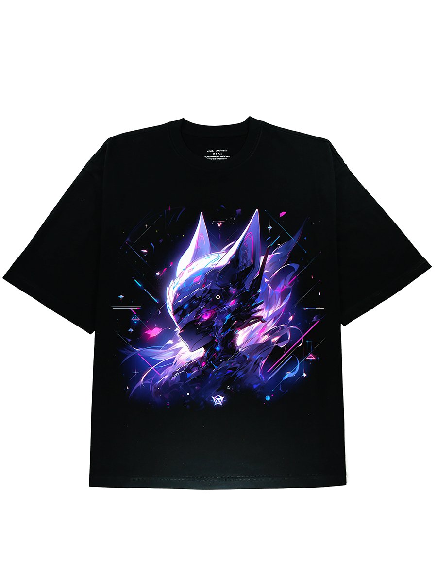 DTG Printed Cartoon Robot Graphic Black Tee Shirt with Soft Cotton Fabric - DIAI