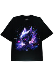 DTG Printed Cartoon Robot Graphic Black Tee Shirt with Soft Cotton Fabric - DIAI