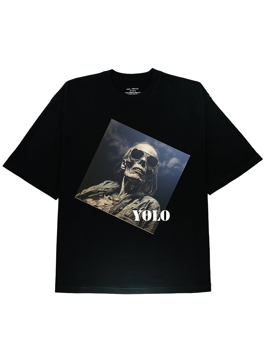 Embrace Streetwear with Our Yolo Slogen and Skeleton Black Tee - 100% Cotton - DIAI