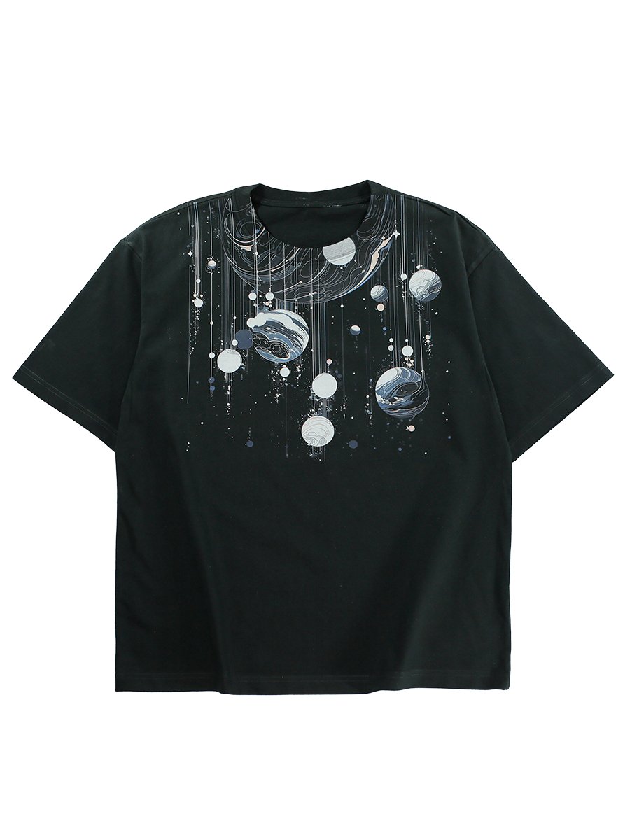 Explore the Cosmos in Style with Cotton Black Tee Shirt featuring a Stunning Planet Graphic - DIAI