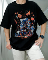 Fine Cotton Quality DTG Cartoon Robot Graphic Black Tee Shirt - DIAI