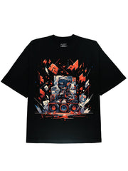 Fine Cotton Quality DTG Cartoon Robot Graphic Black Tee Shirt - DIAI