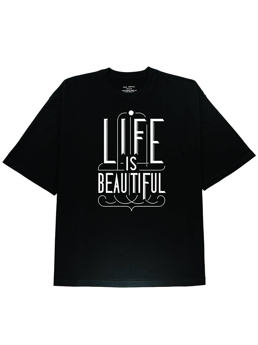 Life Is Beautiful Slogen Graphic Cotton Black Tee - DIAI