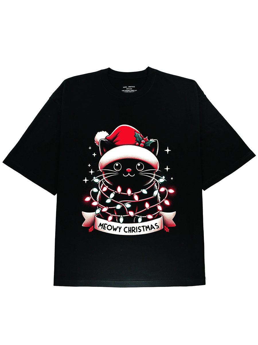 Soft and Comfortable Christmas Cat Graphic Black Cotton Tee - DIAI