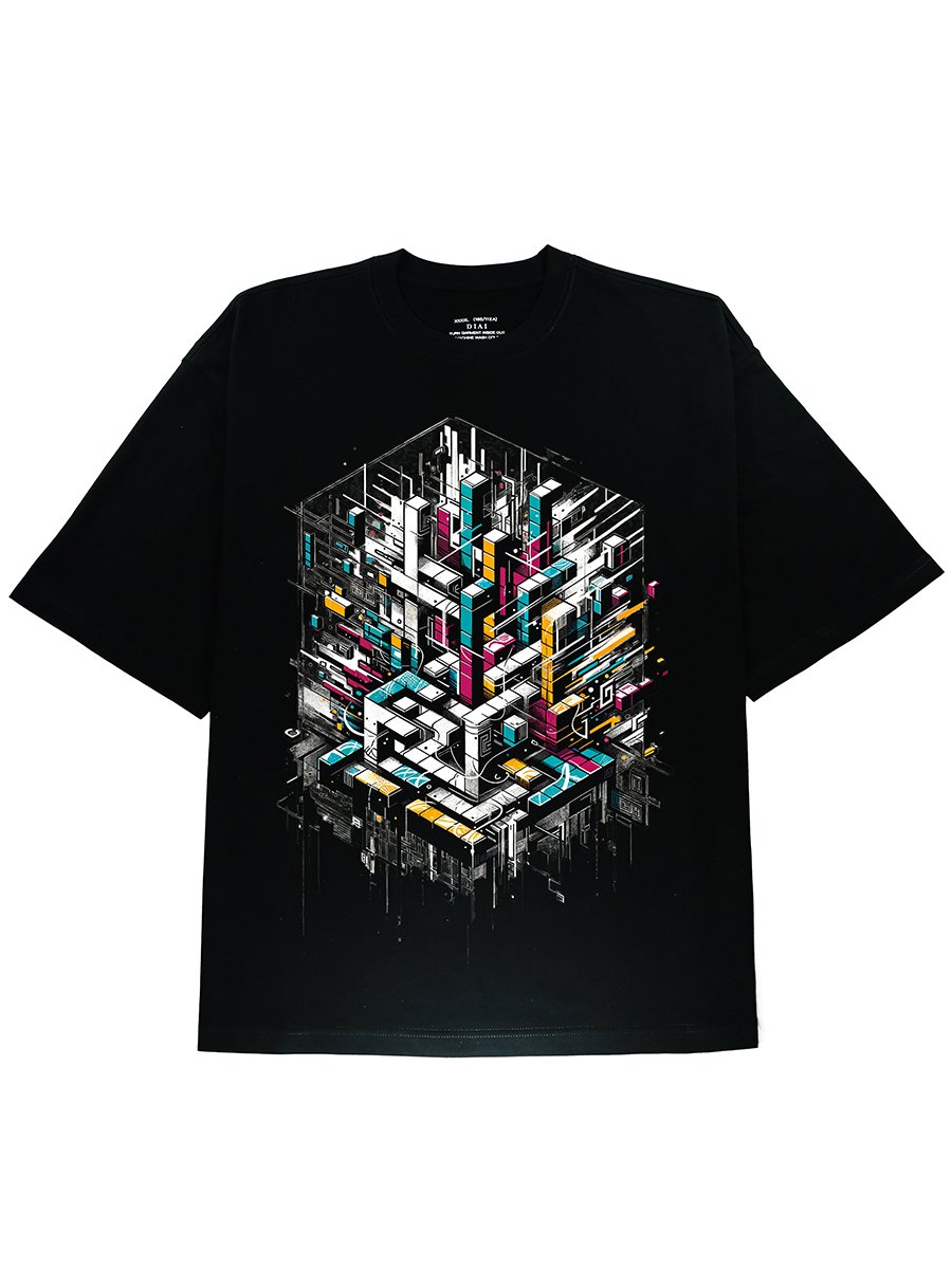 Soft Cotton Black Abstract Art Graphic T-Shirt For Cyberpunk Party Occasion - DIAI