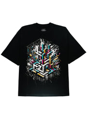 Soft Cotton Black Abstract Art Graphic T-Shirt For Cyberpunk Party Occasion - DIAI