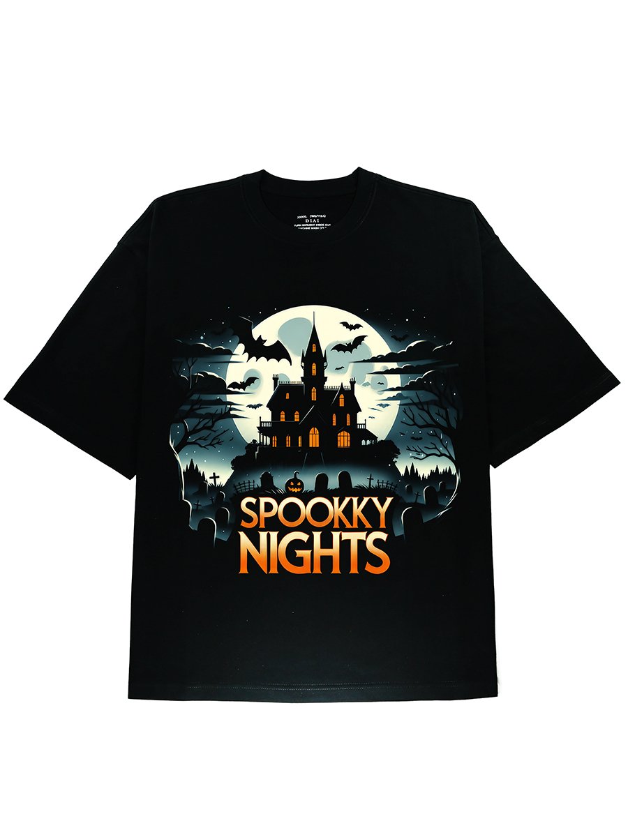 Spooky Night Vibes Black Off Shoulder Tee with Halloween Pumpkim Horror Graphic Print - DIAI