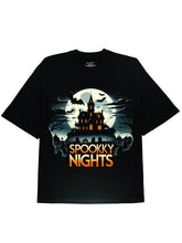 Spooky Night Vibes Black Off Shoulder Tee with Halloween Pumpkim Horror Graphic Print - DIAI