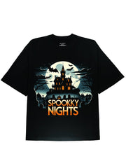 Spooky Night Vibes Black Off Shoulder Tee with Halloween Pumpkim Horror Graphic Print - DIAI