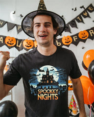 Spooky Night Vibes Black Off Shoulder Tee with Halloween Pumpkim Horror Graphic Print - DIAI