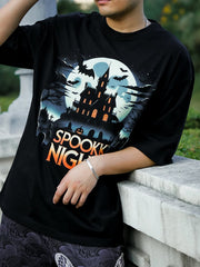 Spooky Night Vibes Black Off Shoulder Tee with Halloween Pumpkim Horror Graphic Print - DIAI
