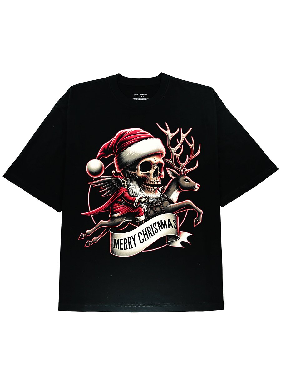 The Christmas Spirit with Our Soft and Comfortable Black Cotton Elk Skeleton Tee - DIAI