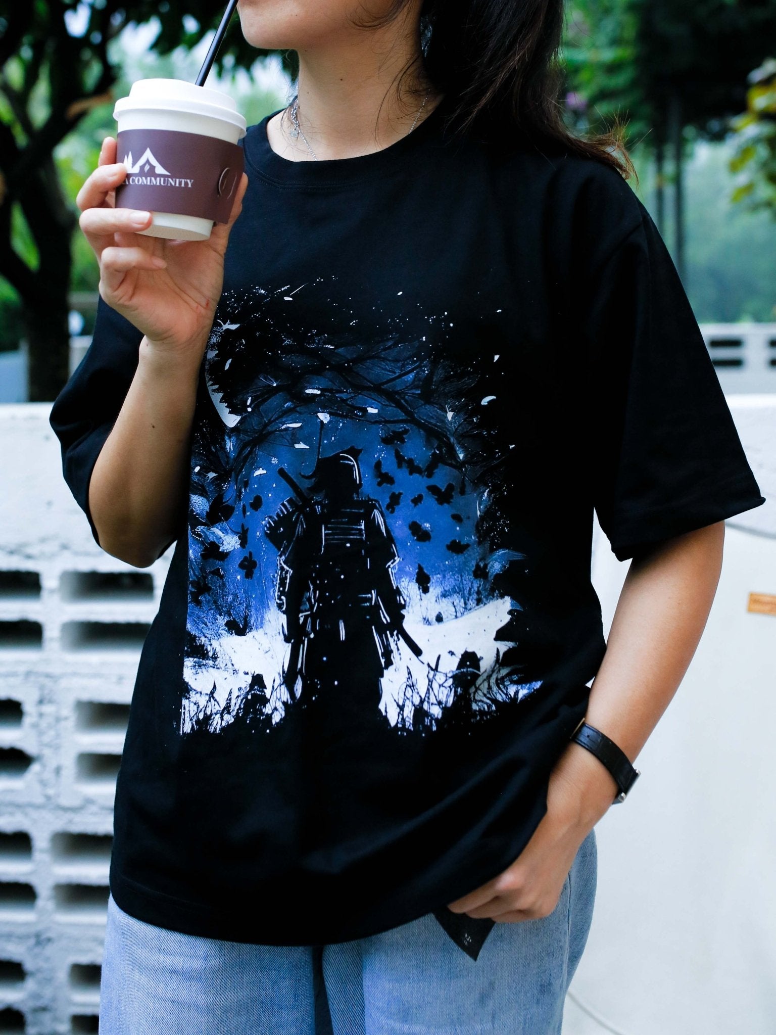 Windy Moon Night Samurai Armour Graphic Tee Shirt for Trendy Fashionistas - DIAI